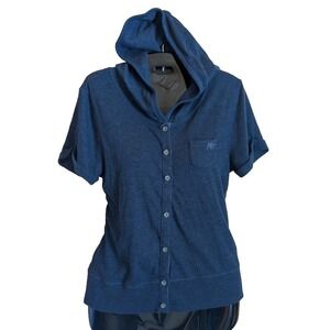Aeropostale Womens Top L Short Sleeve Hooded V-Neck Button Sporty Athleisure